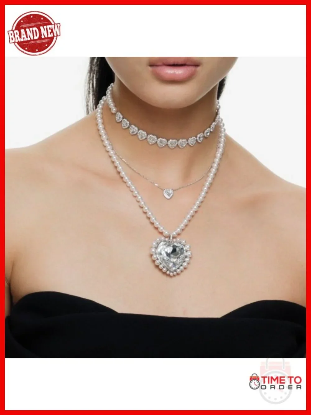 Heart Crystal & Pearl 3-Piece Jewelry Set - Rhodium Finish - Necklace,